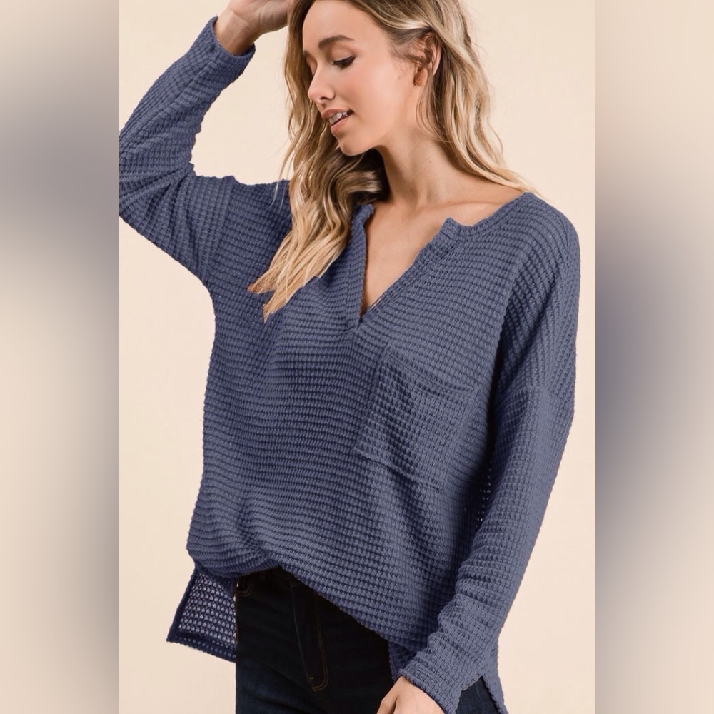 BiBi NWT Top Waffle Navy Front Pocket Side Splits Size 1X - 3X